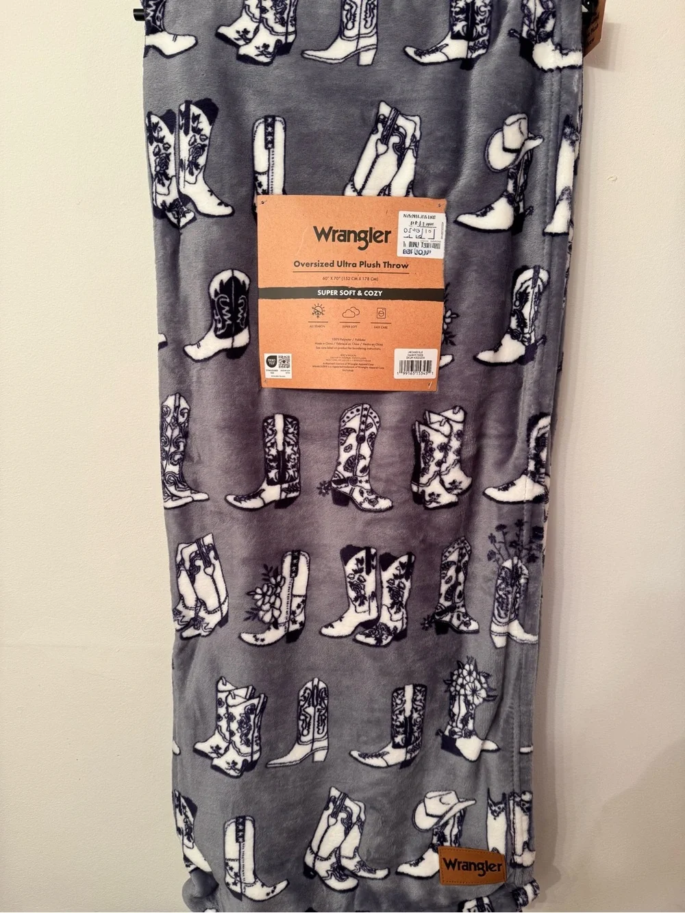 Wrangler Blue Cowboy Boot Pattern Plush Throw